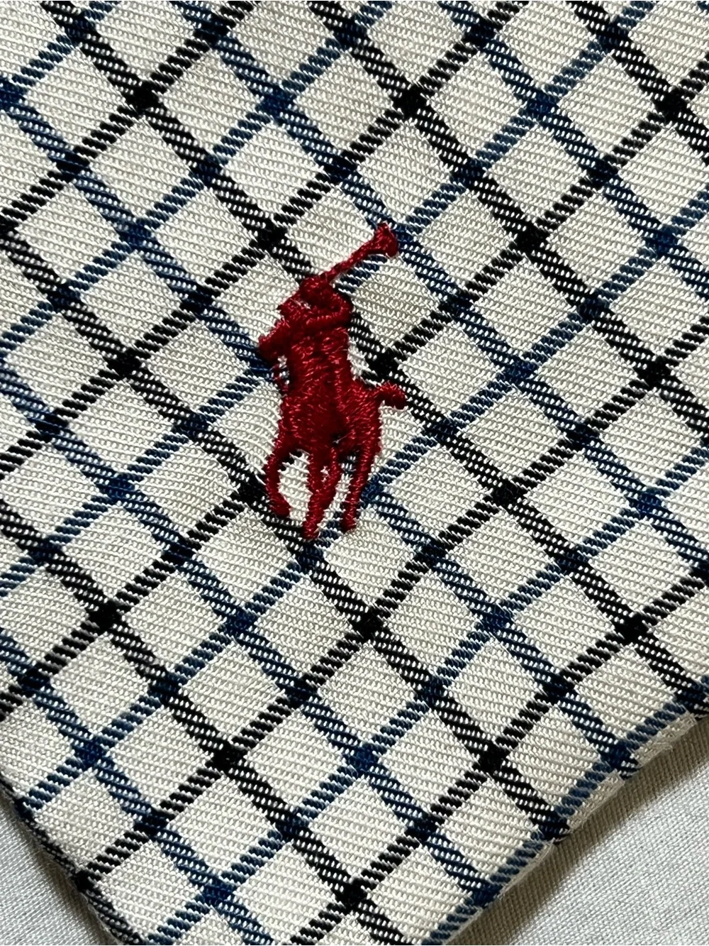 Polo Ralph Lauren White Tie with Navy Black Windowpane and Red Pony USA 1990s